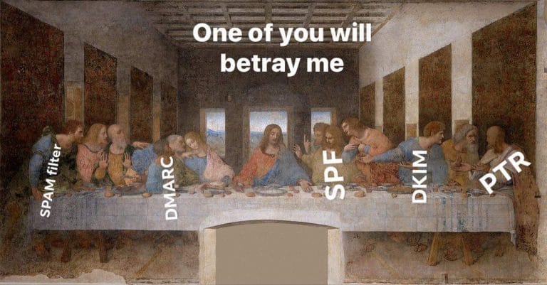 One of you will betray me: SPAM filter, DMARC, SPF, DKIM, PTR. The Last Supper image.