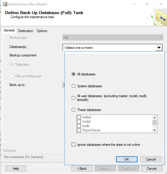 Defining database tasks window