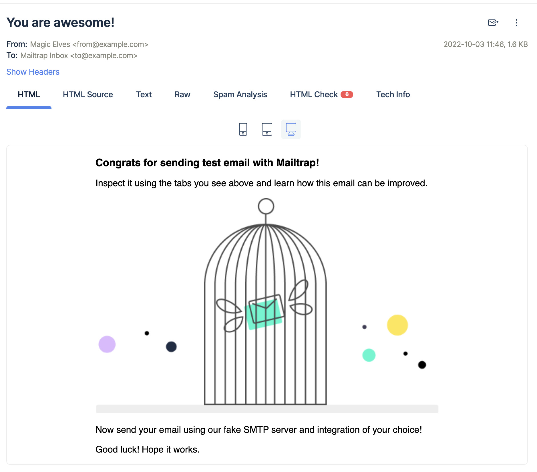 Ceci est une image montrant la fonction d'aperçu HTML dans l’Email Testing de Mailtrap