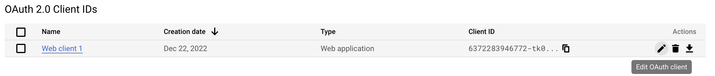 Pressing a pencil icon to reveal Client ID and Client Secret in Google Cloud Console