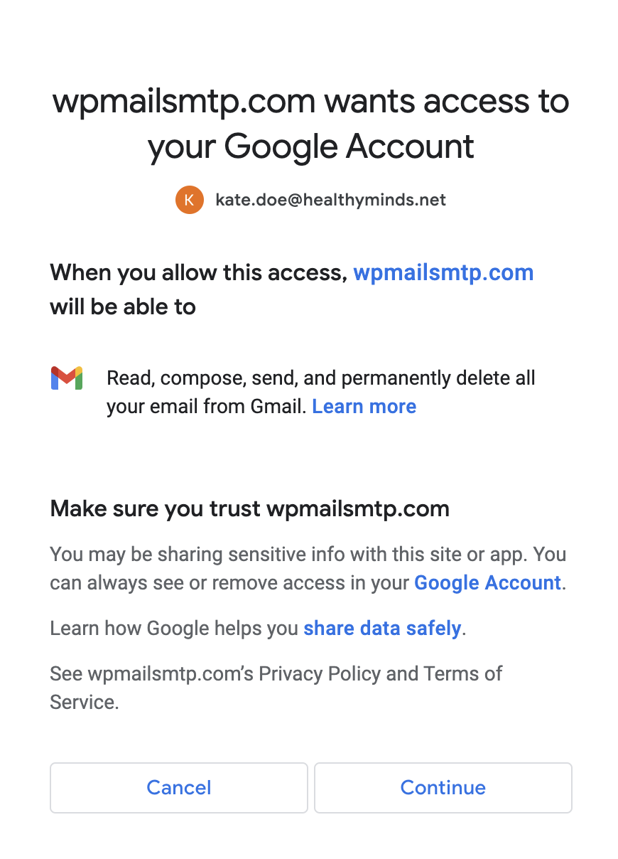 Granting WP Mail SMTP the permission to send emails from Google by pressing Continue