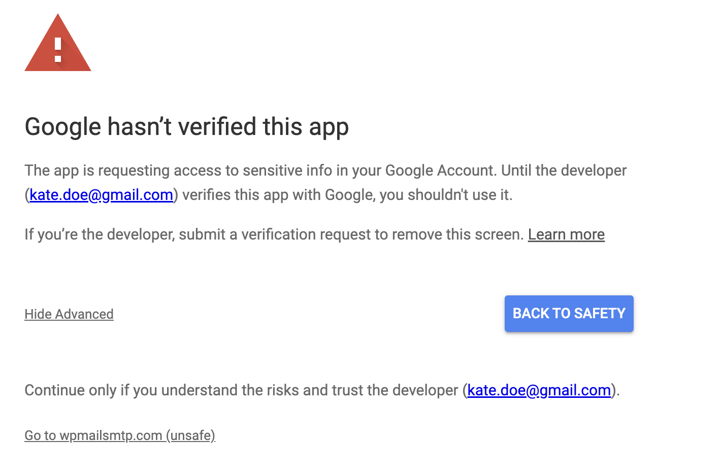 Google hasn't verified this app warning screen