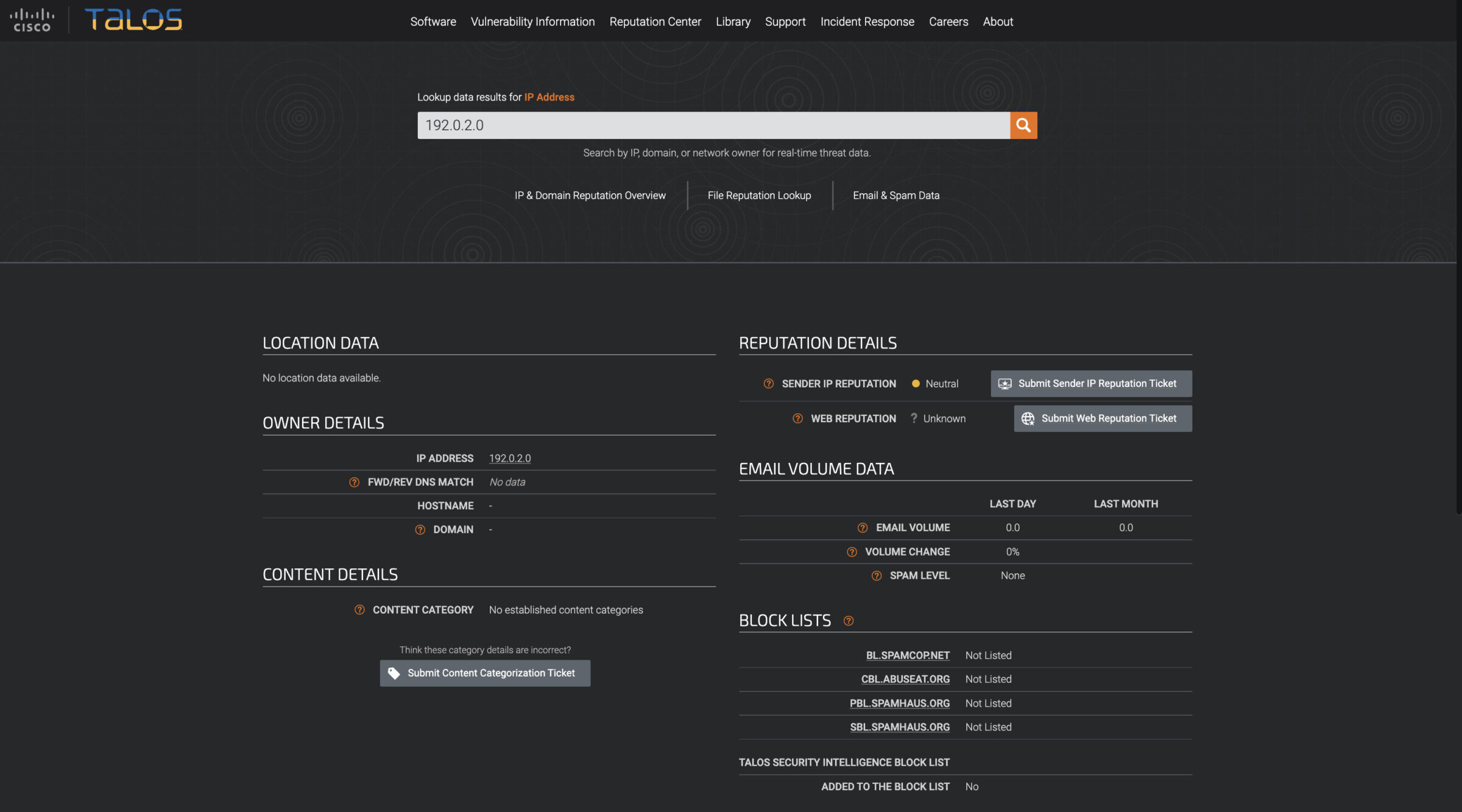 Talos Intelligence email ip reputation lookup results