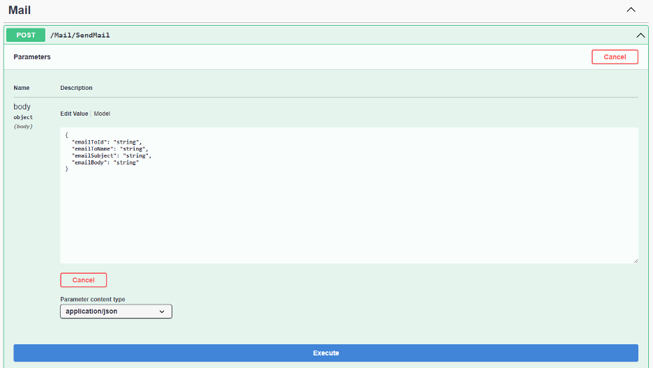 This is an image showing an email-sending request in Swagger UI