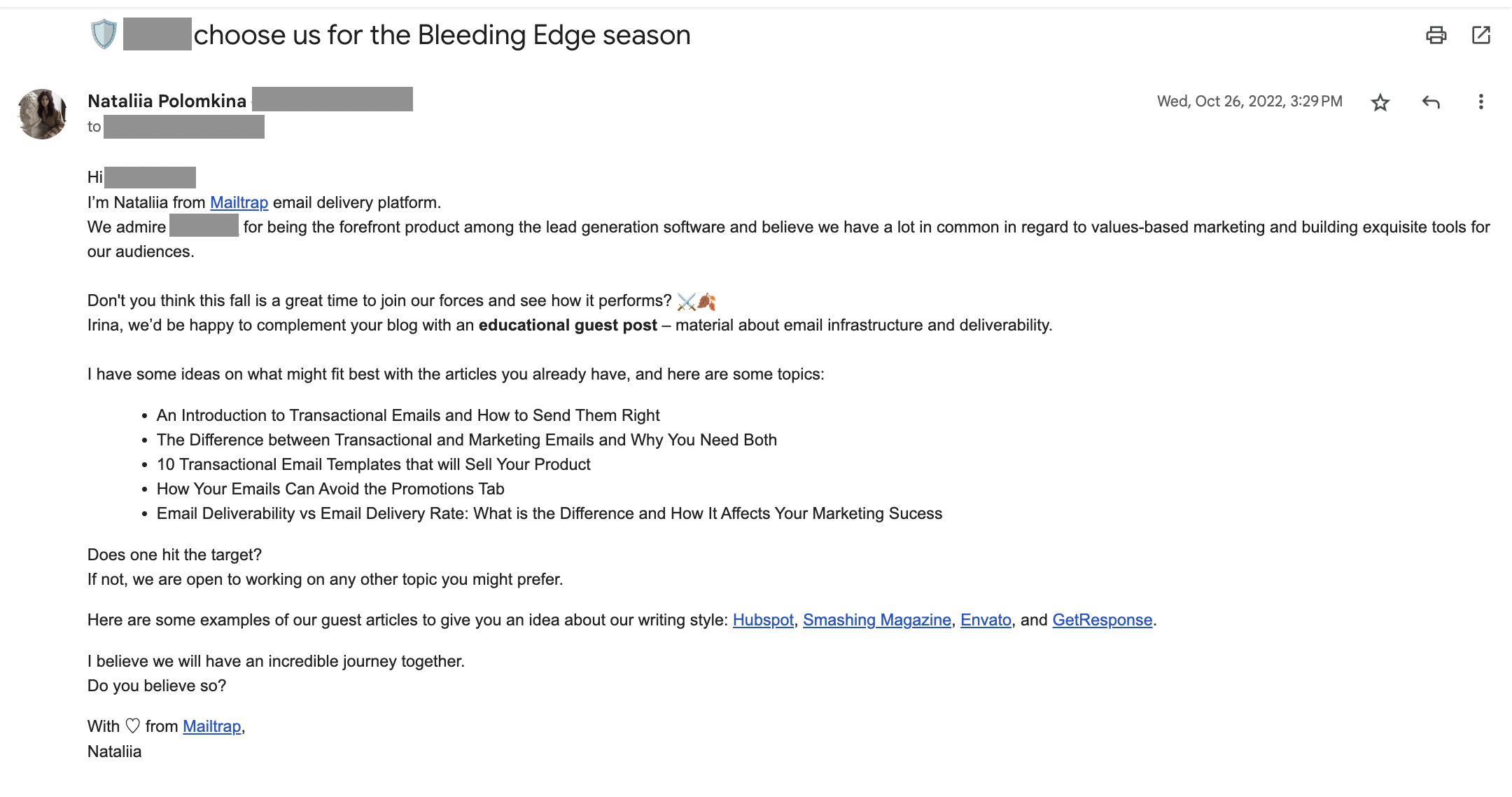 Cold email example