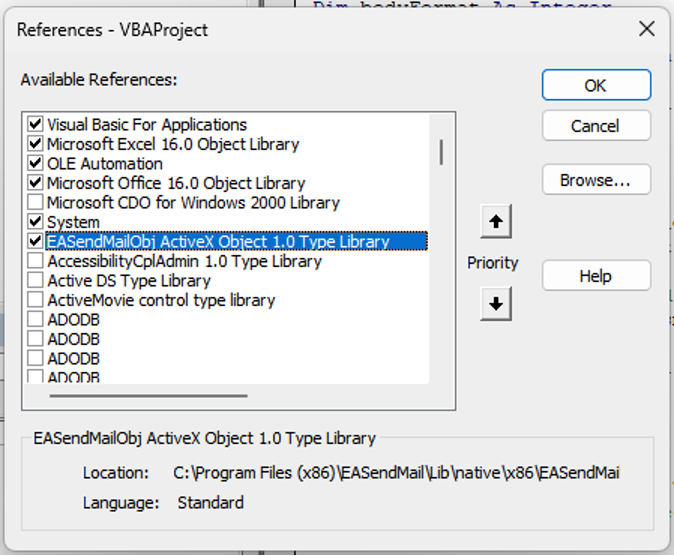 Selecting EASendMailObj ActiveX Object 1.0 Type Library in the list of references in Excel