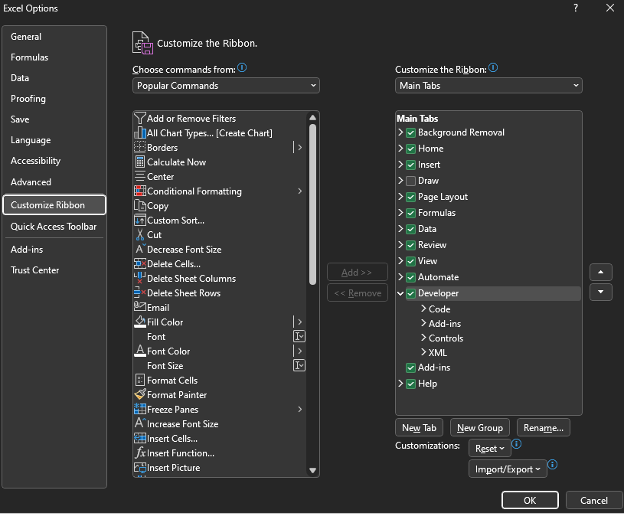 Enabling a developer tab in Excel