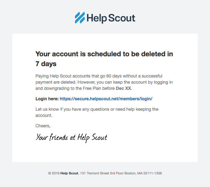 This image is an example of no-reply account deactivation email from HelpScout taken from reallygoodemails website.
