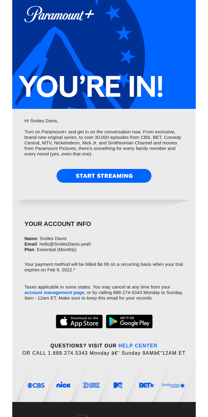 This image is an example of a no-reply email from Paramount + taken from the reallygoodemails website.