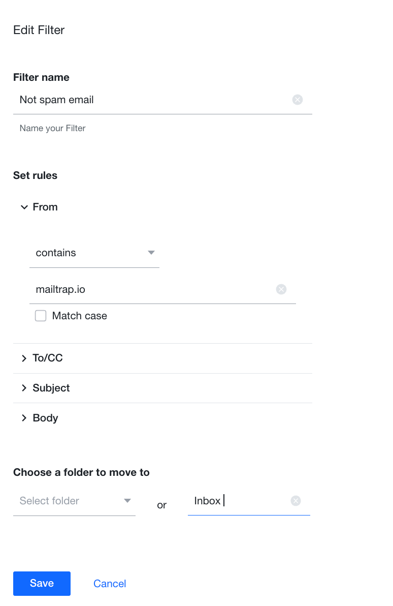 Whitelisting a sender by creating an inbox filter in Yahoo
