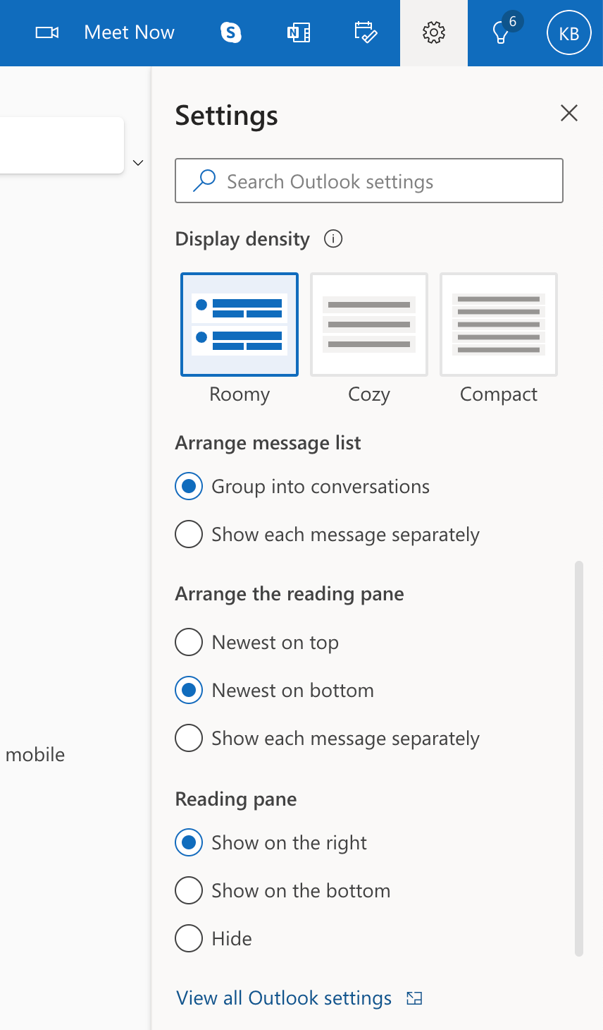 Viewing Outlook settings in webmail