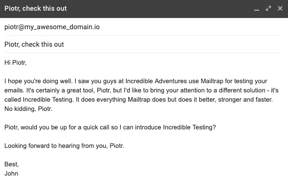 This is an image showing a sales email to a guy named Piotr