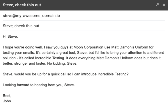 This is an image showing a sales email to a guy named Steve