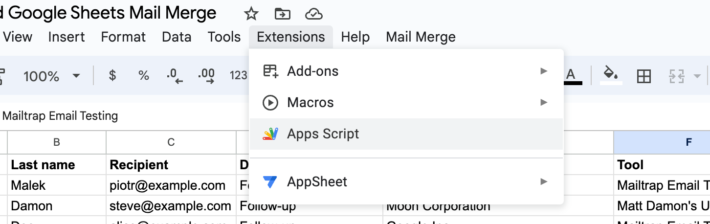 This is an image showing the Apps Scripts option in Google Sheets