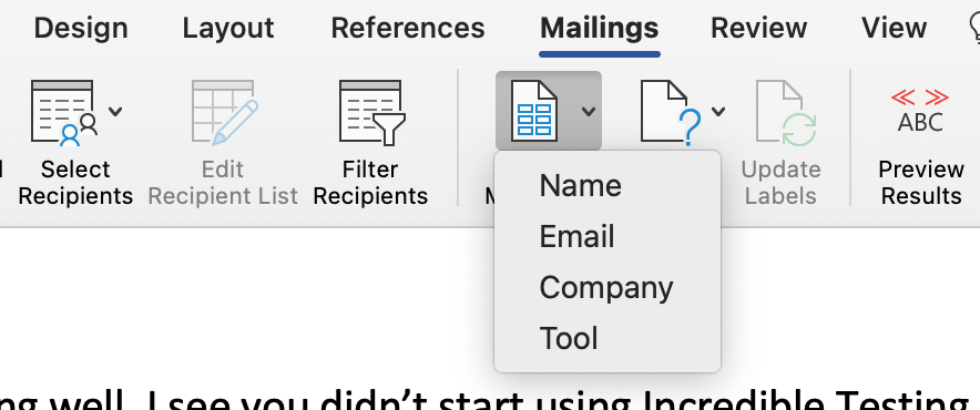 This image is showing the process pf inserting merge fields in Word