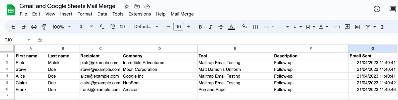 This is an image showing a spreadsheet with data used for a mail merge