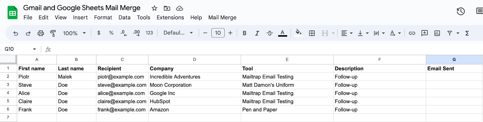 This is an image showing a populated Google Sheet