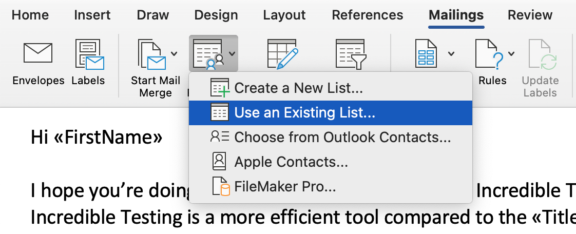 This is an image showing the Use an Existing list option in Word