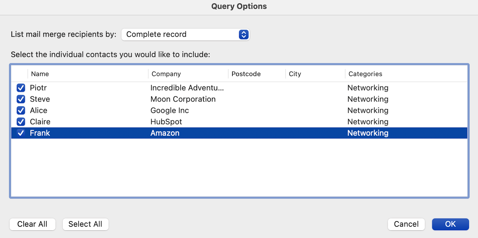 This image is showing the query options for Outlook contacts