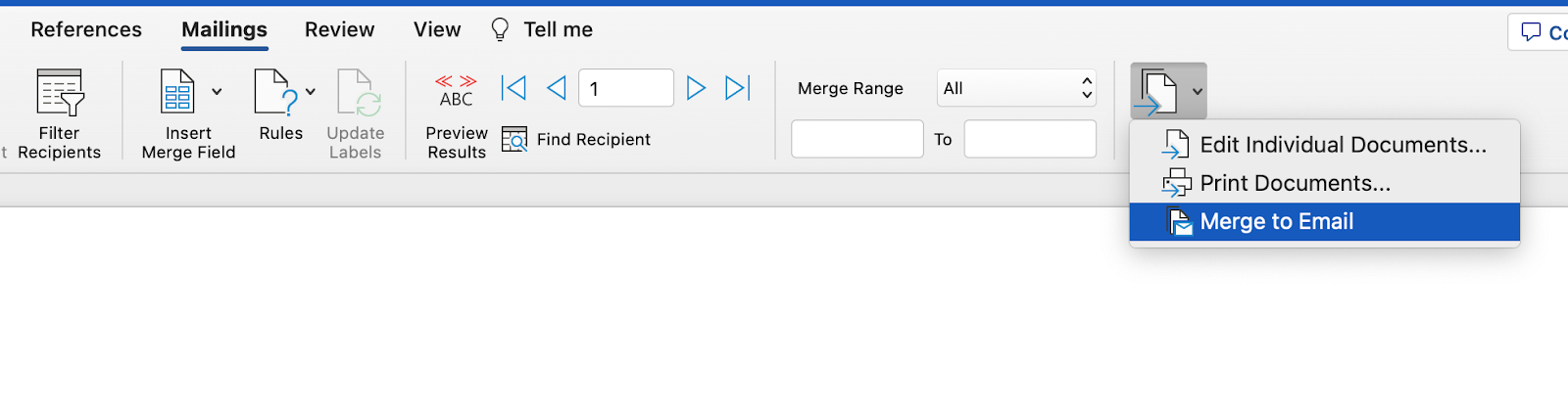 This image is showing the initiation of the completion of a mail merge