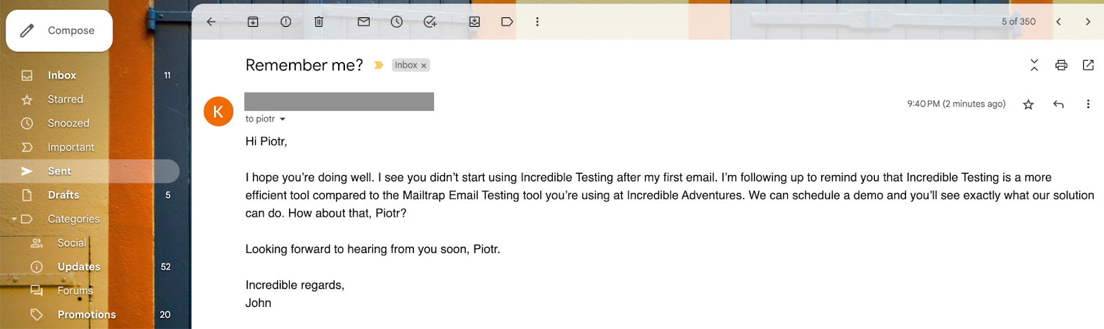 This is an image showing an email created using mail merge