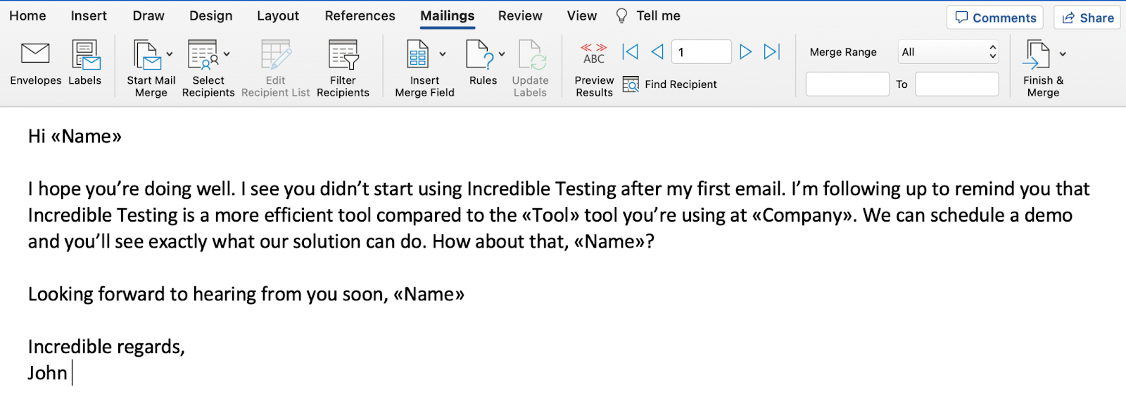 This image is showing an email with merge fields in Word