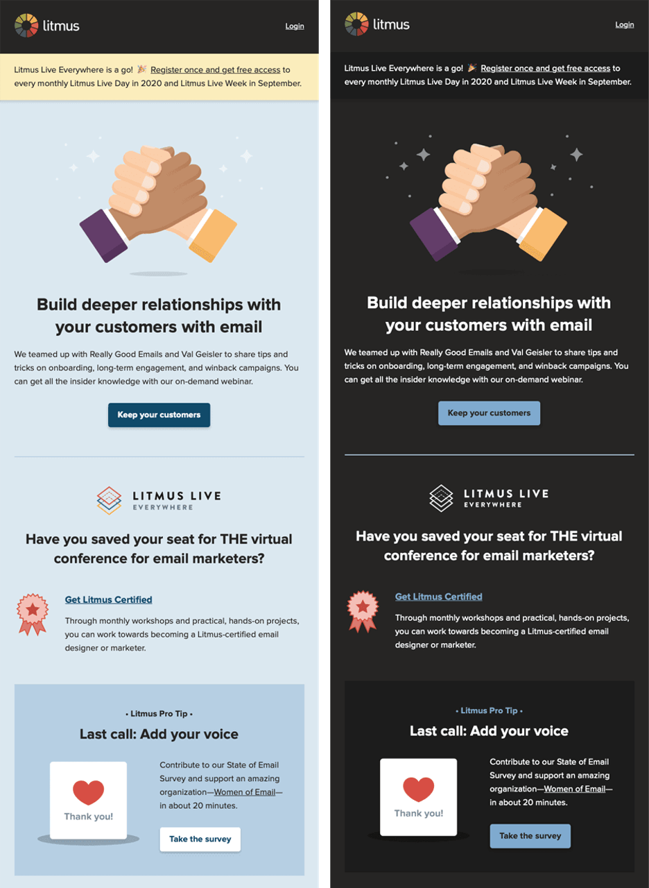 Litmus dark and light mode email alternatives side by side view