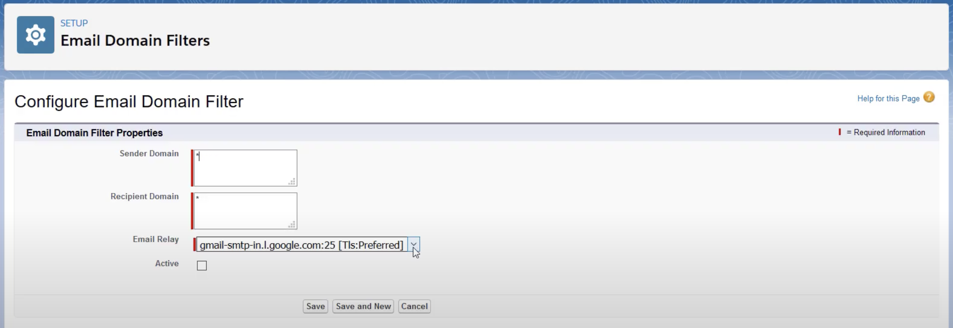 Salesforce Configure Email Domain Filter menu
