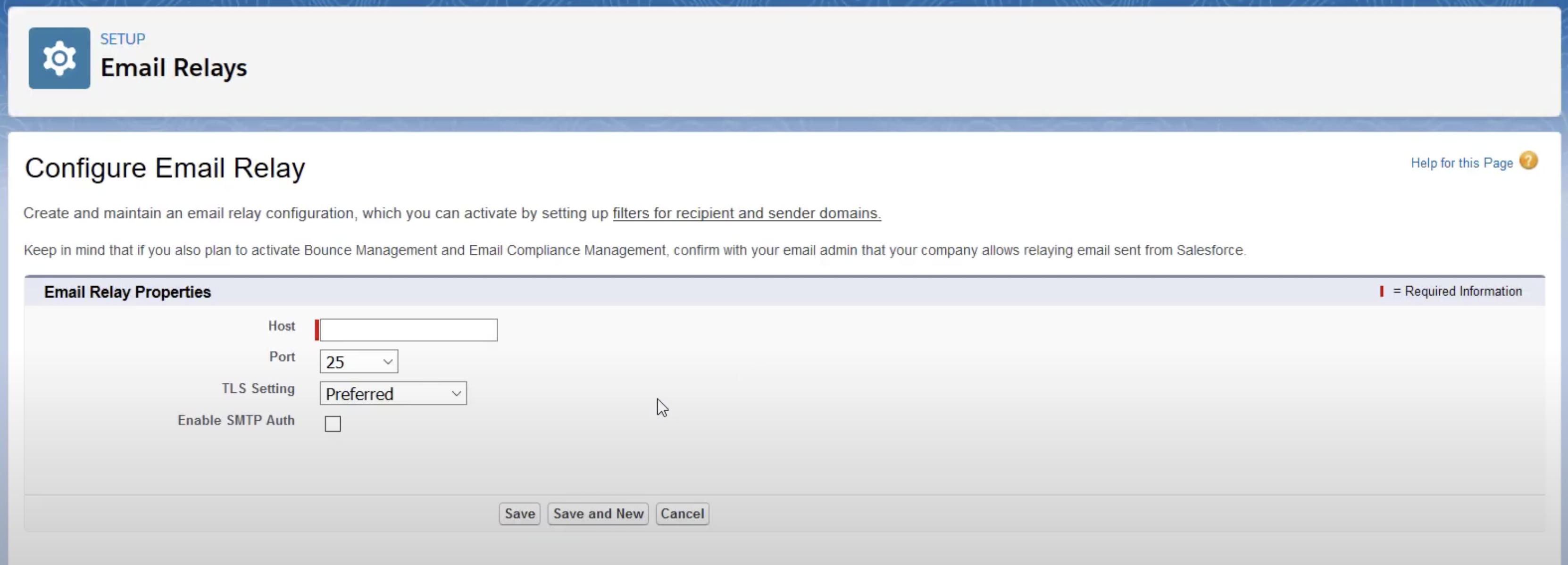Salesforce Email Relays menu