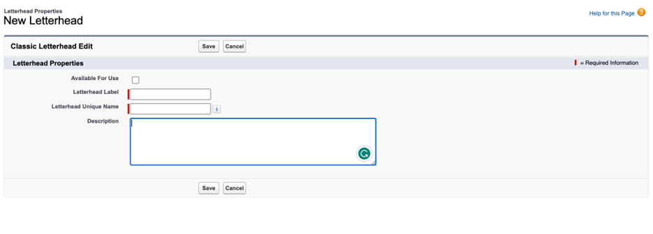 Salesforce Letterhead properties