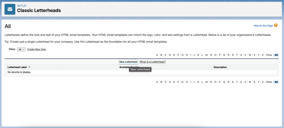 Salesforce Lightning classic letterheads setup menu