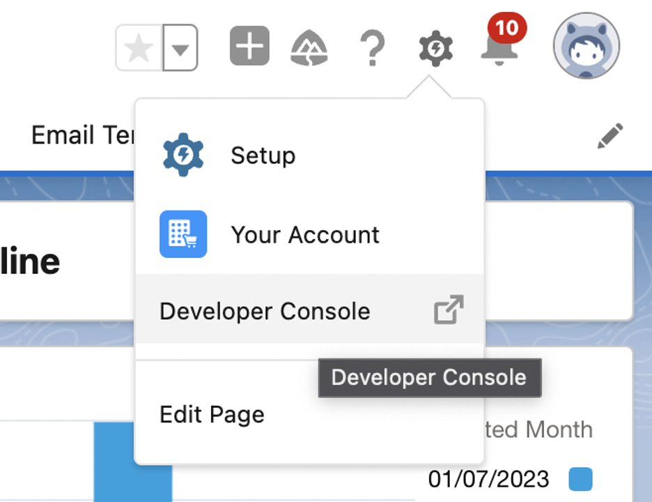 Salesforce Developer Console navigation dropdown