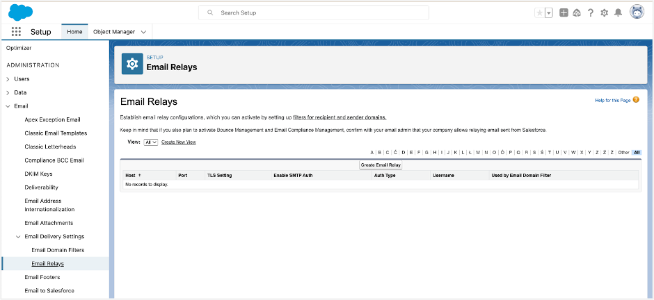 Salesforce Email Relays menu