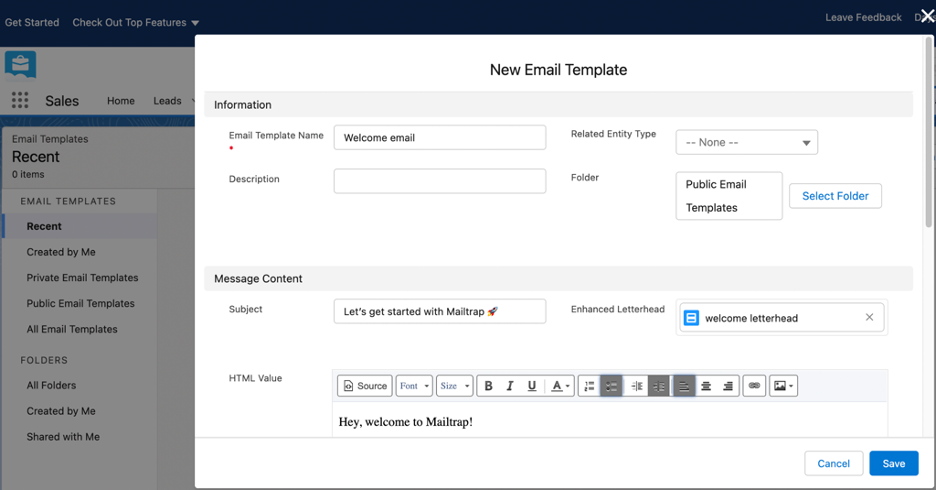 Salesforce Lightning New Email Template menu