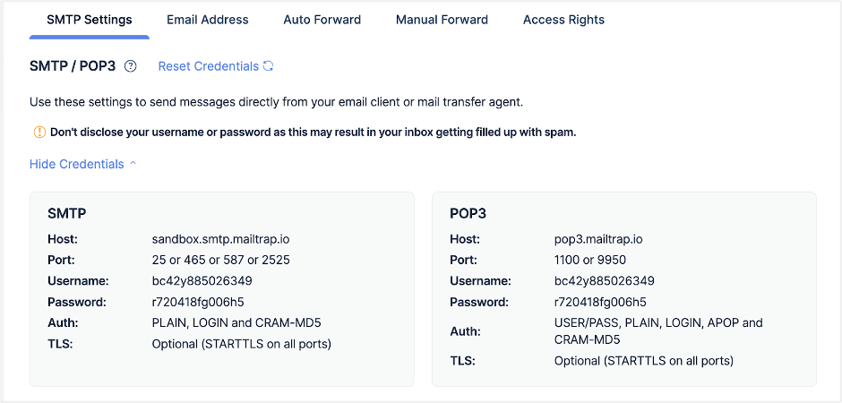 Mailtrap Email Testing SMTP settings
