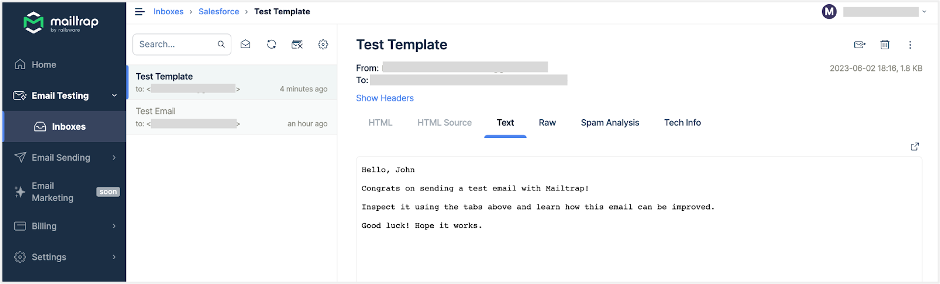 Mailtrap Email Testing inbox view Test Template