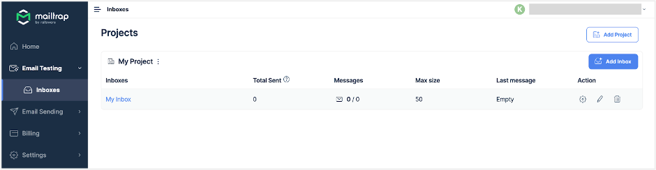 Mailtrap Email Testing inboxes menu