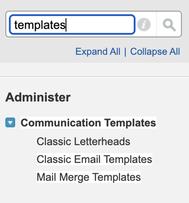 Salesforce Classic search for templates