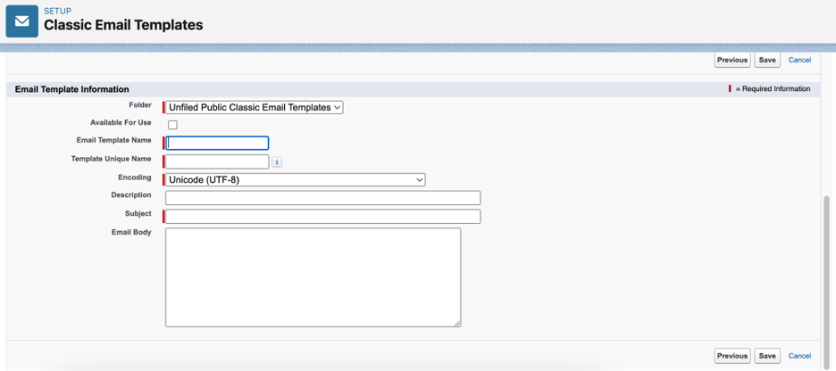 Salesforce Lightning classic email template information menu
