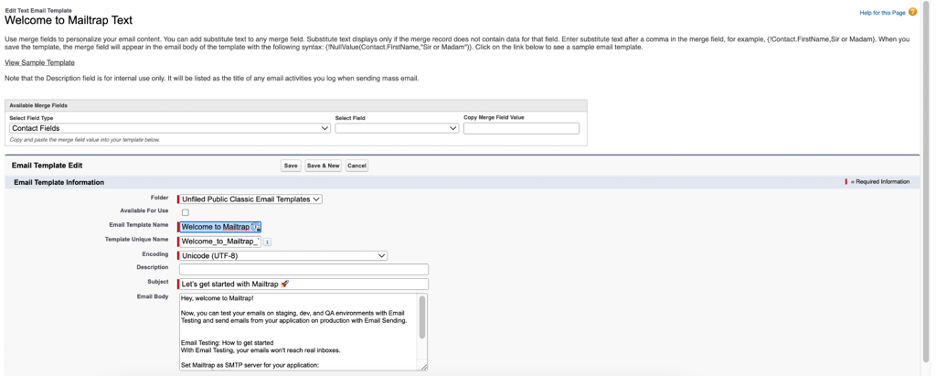 Salesforce Classic email template information