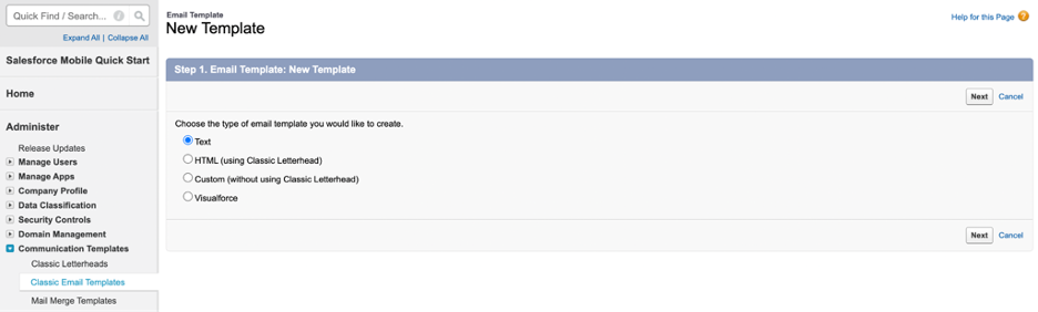 Salesforce Classic new text template