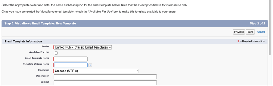 Salesforce basic template information menu