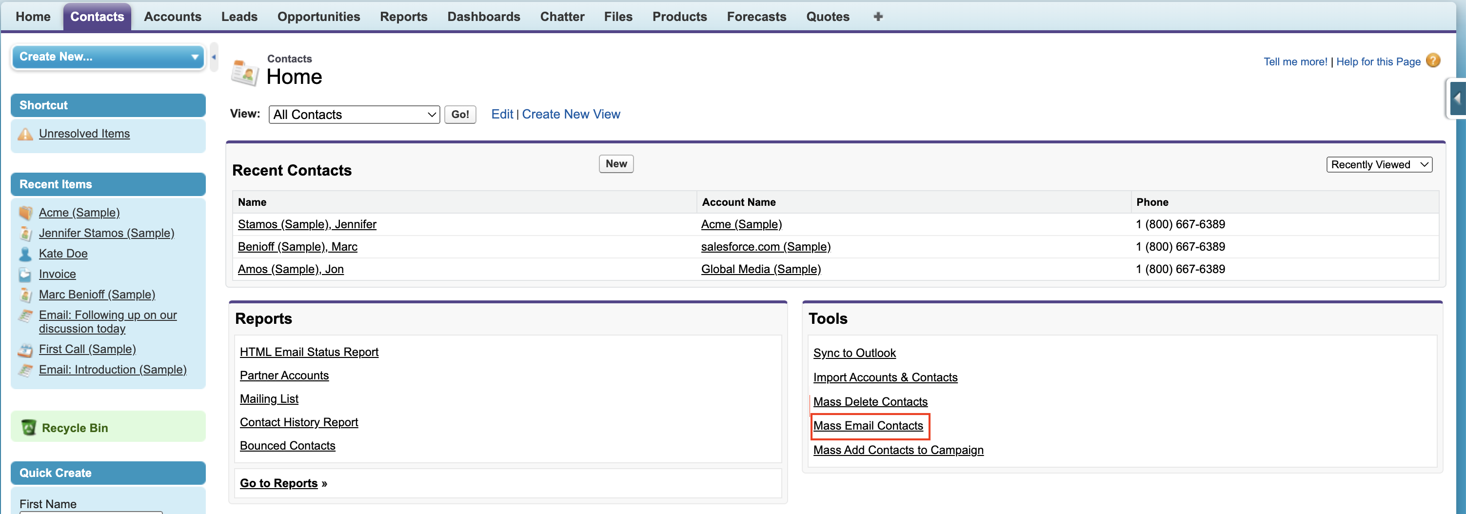 Choosing 'Mass Email Contacts' in Salesforce Classic