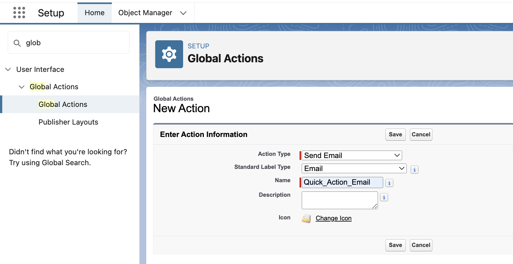 Configuring new action