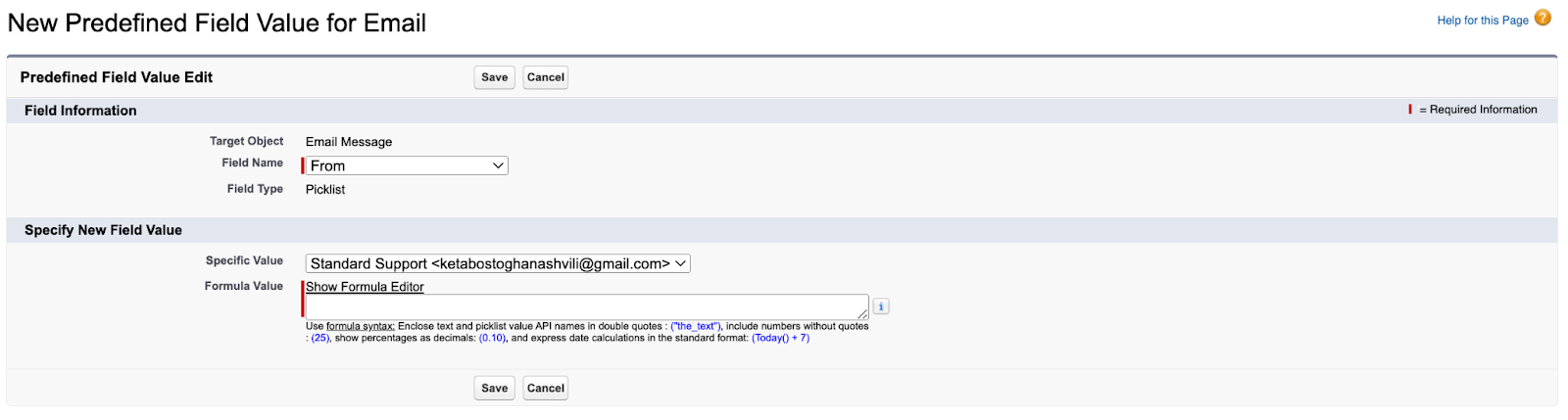 Configuring predefined field values to create a button