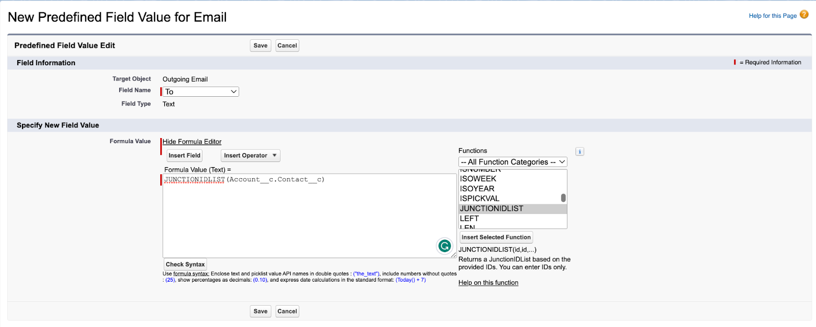Creating new predefined field value for email