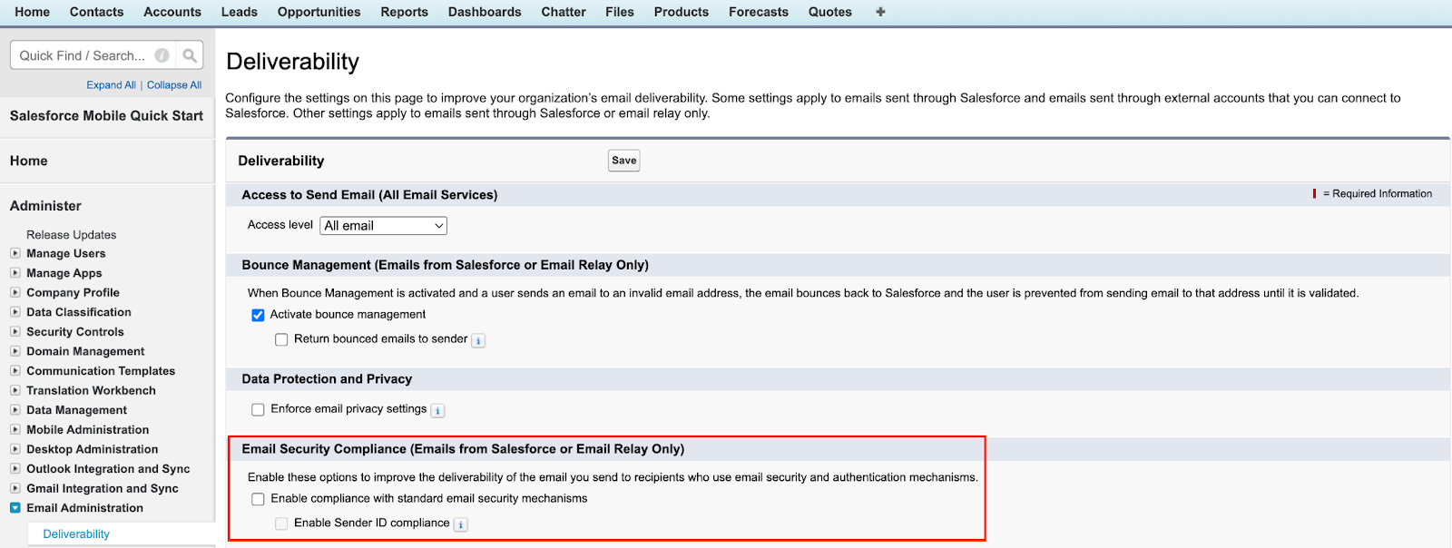 Configuring deliverability settings in Salesforce Classic