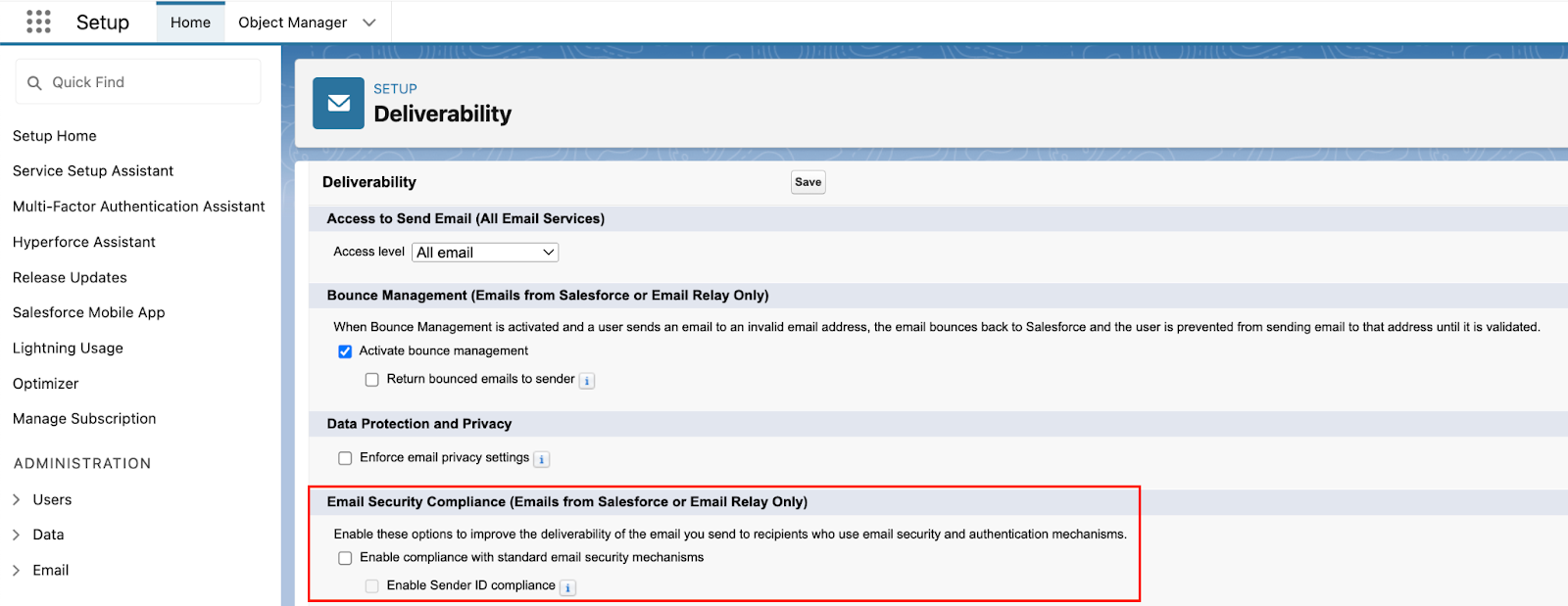 Configuring deliverability settings in Lightning Experience