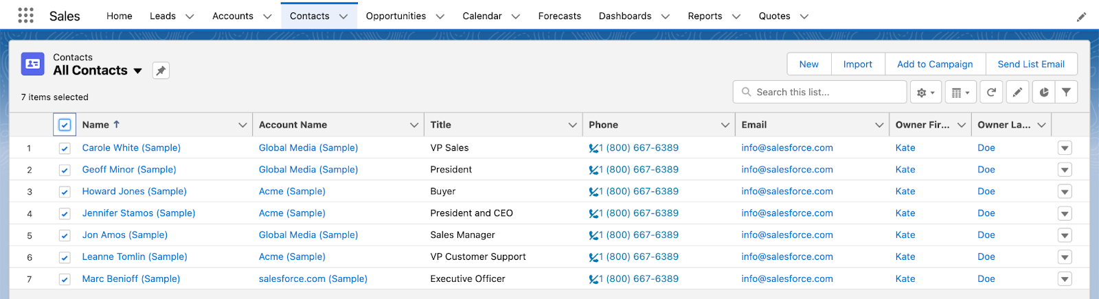 Selecting contacts in the contacts list