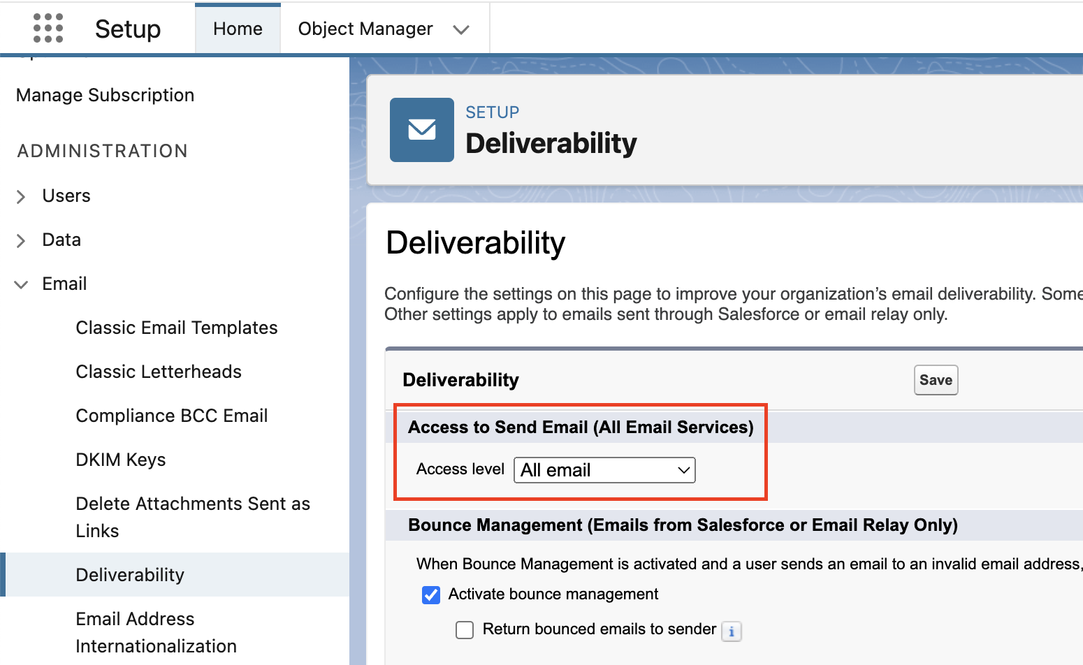 Configuring deliverability in Lightning Experience